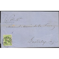 B)1856 MEXICO, MORELIA, 2 REALES, YELLOW GREEN, CIRCULATED COVER FROM MEXICO TO GUADALAJARA, XF