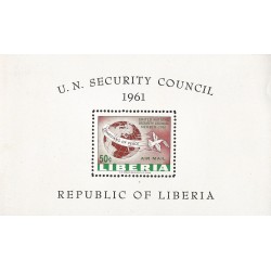 B)1961 LIBERIA, GLOBE, DOVE-PEACE, GUARDIANS OF PEACE, LIBERIA’S MEMBERSHIP IN THE UN SECURITY COUNCIL, AIRMAIL, MINT