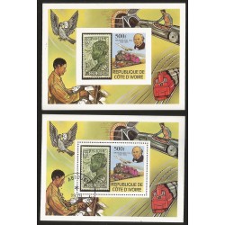 G)1979 IVORY COAST, MESSENGER PIGEON-POST OFFICER-STEAM LOCOMOTIVE-AIRPLANE-PENNY POSTAGE-PLANE-SIR ROWLAND HILL, PAIR OF S/S