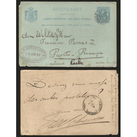 B)1890 NETHERLANDS TO PUERTO PRINCIPE CUBA, POSTAL STATIONARY, D.E SCHREIDERS GRAVENHAGE OVAL PURPLE MARK, XF.
