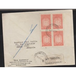 O) 1939 ARGENTINA, 10 C. RED - CONSOLIDATION OF PEACE, REGISTERED MAIL TO FRANCE, XF