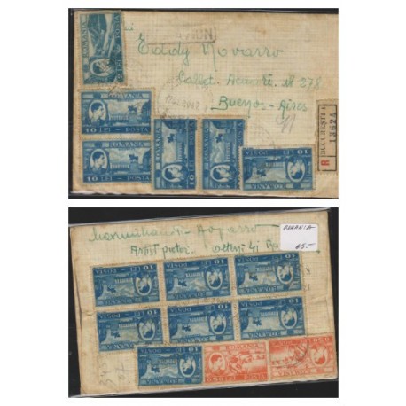 O) 1947 ROMANIA, MULTIPLE COVER, REGISTERED BUCHARES - BUCURESTI, 10 LEI BLUE, 0.5 LEI RED, TO BUENOS AIRES MNH