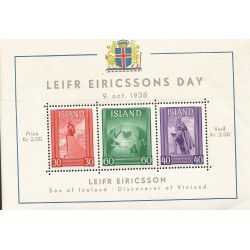 B)1938 ICELAND, PLANET, STATUE, LEIFR EIRICSSON, WITH ITS MONUMENT IN REYKJAVIK, WORLD, MAP, SOUVENIR SHEET, MNH 