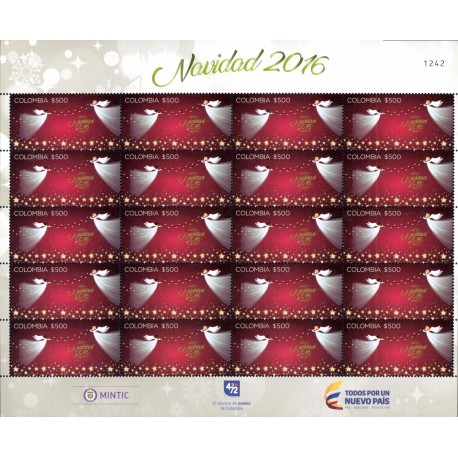 O) 2016 COLOMBIA, ANGELS OF CHRISTMAS, TRUWHITE PAPER, INVISIBLE FLUORESCENT, BLOCK FOR 20 STAMPS, MNH TINT