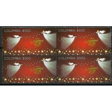 O) 2016 COLOMBIA, ANGELS OF CHRISTMAS, TRUWHITE PAPER, INVISIBLE FLUORESCENT, BLOCK FOR 4 STAMPS, MNH 