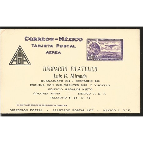 J) 1929 MEXICO, 10 CENTS PURPLE, EAGLE AND AIRPLANE OVER CITY, PHILATELIC OFFICE, GUANAJUATO, POSTAL STATIONARY