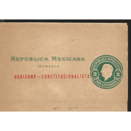 J) 1928 MEXICO, 2 CENTS DARK GREEN, HIDALGO, CONSTITUTIONALIST GOVERNMENT, CIRCULATED COVER