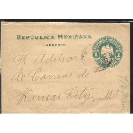 J) 1913 MEXICO, 1 CENTS LIGHT BLUE, EAGLE, CIRCULATED COVER, FROM MEXICO TO KANSAS, POSTAL STATIONARY, NEWSPAPER WRAPPER