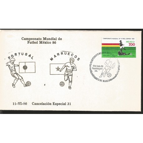 J) 1982 MEXICO, WORLD CHAMPIONSHIP OF FOOTBALL MEXICO 86, PORTUGAL-MOROCCO, SPECIAL CANCELLATION, FDC