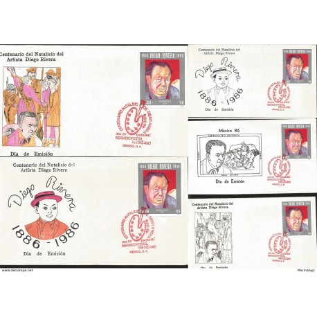 J) 1986 MEXICO, CENTENARY OF THE BIRTH OF DIEGO RIVERA, SELF PORTRAIT, WITH EMBOSSED, SET OF 5 FDC 