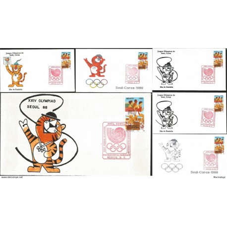 J) 1988 MEXICO, GAMES OF THE XXIV OLYMPICS, SEOUL KOREA, RUNNERS, TIGGER, WITH EMBOSSED, SET OF 6 FDC 