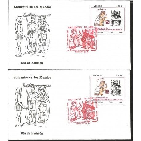 J) 1988 MEXICO, V CENTENARY OF THE ENCOUNTER OF TWO WORLDS, WITH EMBOSSED, SET OF 2 FDC 