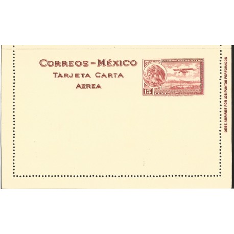 J) 1928 MEXICO, EAGLE AND AIRPLANE OVER MOUNTAINS, 15 CENTS RED, POSTAL PALACE, POSTCARD 