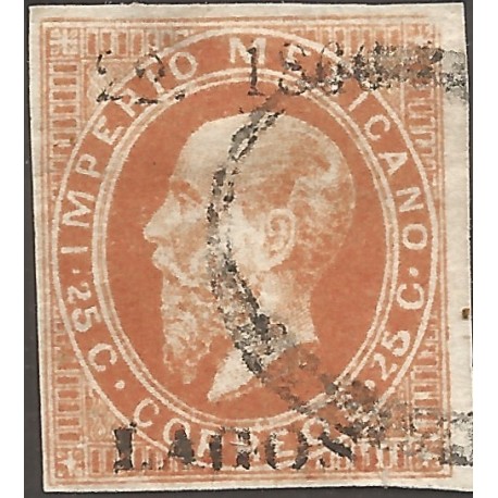 J) 1866 MEXICO, EMPEROR MAXIMILIAN, 25 CENTS, LITHOGRAPHED, FINE LOOKING, LAGOS, XF 