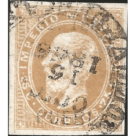 J) 1866 MEXICO, EMPEROR MAXIMILIAN, PUEBLA, 25 CENTS, CIRCULAR CANCELLATION, LITHOGRAPHED, XF 