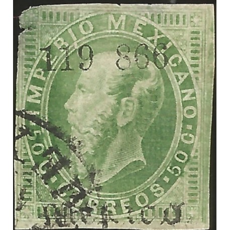J) 1866 MEXICO, EMPEROR MAXIMILIAN, 50 CENTS, CIRCULAR CANCELLATION, XF 