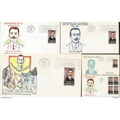 J) 1970 MEXICO, CENTENARY OF THE BIRTH OF JOSE M. PINO SUAREZ, PAINTING, WITH EMBOSSED, SET OF 5 FDC 