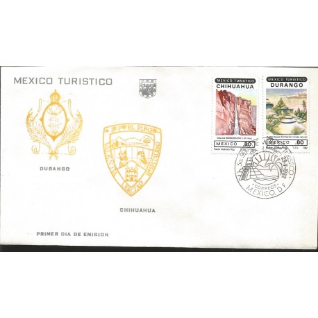 J) 1982 MEXICO, MEXICO TURISTIC, CHIHUAHUA, DURANGO, SHIELD, MULTIPLE STAMPS, FDC 