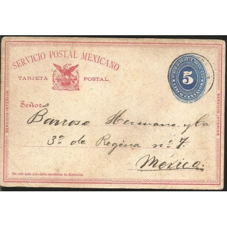 J) 1893 MEXICO, 5 CENTS BLUE, EAGLE, POSTA STATIONARY, CIRCULATED COVER, INTERIOR MAIL WITHIN TO MEXICO 