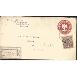 J) 1905 MEXICO, 2 CENTS RED, 1 CENTS PURPLE, REGISTERED, CIRCULATED COVER, FROM MEXICO TO USA, POSTAL STATIONARY 