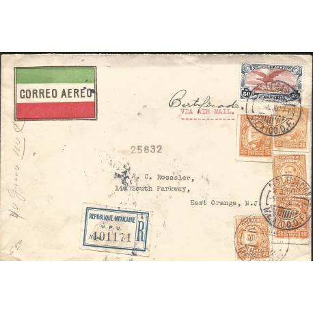 J) 1928 MEXICO, EAGLE OVER MOUNTAIN, HIDALGO'S HEAD, MULTIPLE STAMPS REGISTERED, AIRMAIL, CIRCULATED