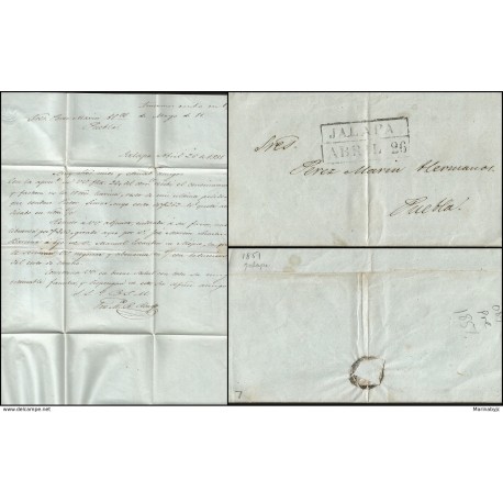 J) 1857 MEXICO, PRESTAMP, BLACK CANCELLATION, CIRCULATED COVER, COMPLETE LETTER, FROM JALAPA TO PUEBLA 