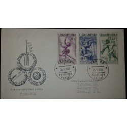 L) 1958 CZECHOSLOVAKIA, SPORT, FOOTBALL, BALLET,DANCE, 30H, REMO, 40H, GREEN, BLUE, CIRCULATED COVER FROM CZECHOSLOVAKIA TO USA