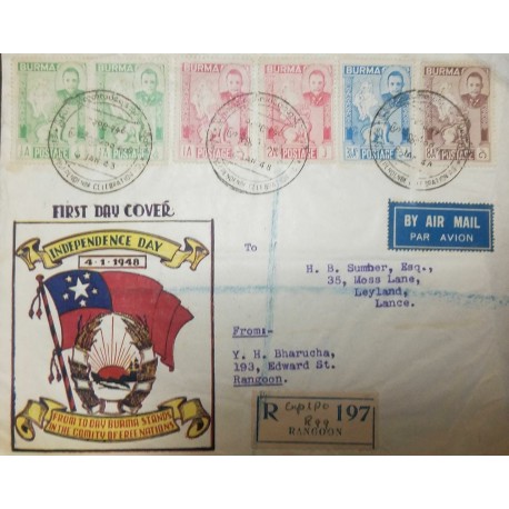 O) 1948 BURMA, U AUNG SAN MAP AND CHINZE-SCT 87 2a-SC 88 3 1/2a -SC 89 8a, INDEPENDENCE, COMPLETE SET, REGISTERED FROM RANGOON