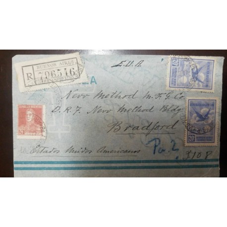 O) 1928 CIRCA - ARGENTINA, SAN MARTIN SC 332 24c -EAGLE SCT C5 20c, BUENOS AIRES R. Y V.D., REGISTERED TO USA