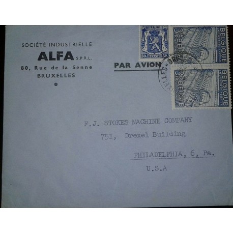 O) 1948 BELGIUM, TEXTILE INDUSTRY SCT 382 3.15fr -COAT OF AMRS SC 275 50c, ALF-BRUXELLES, TO USA