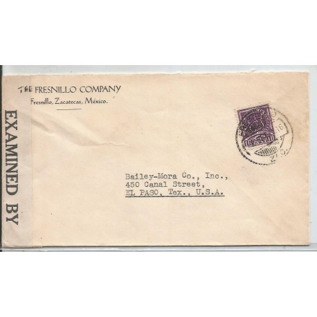 J) 1942 MEXICO, COMMERCIAL LETTER, FRESNILLO COMPANY, CROSS OF PALENQUE, OPENED BY EXAMINER, AIRMAIL, CIRCULATED