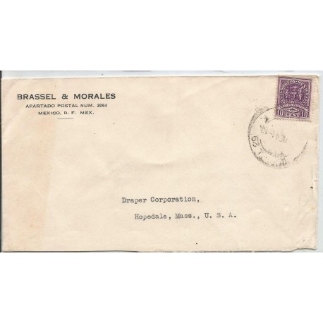 J) 1941 MEXICO, COMMERCIAL LETTER, BRASSEL & MORALES, CROSS OF PALENQUE, AIRMAIL, CIRCULATED COVER, FROM MEXICO TO USA 
