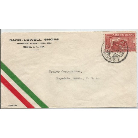 J) 1939 MEXICO, COMMERCIAL LETTER, SACO-LOWELL SHOPS, EAGLE MAN OVER MOUNTAINS, AIRMAIL, CIRCULATED COVER, FROM MEXICO TO USA