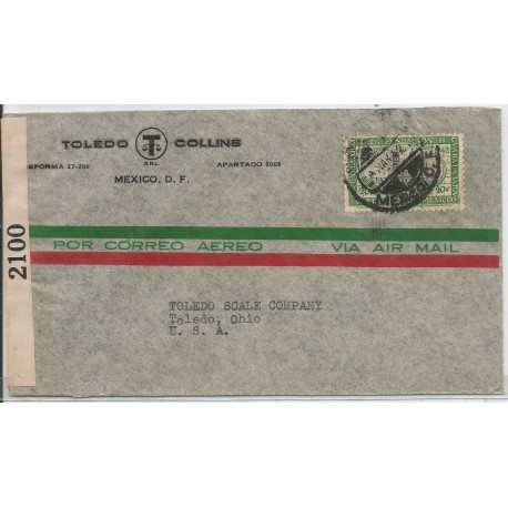 J) 1942 MEXICO, COMMERCIAL LETTER, TOLLEDO COLLINS, V CENTENARY OF THE FOUNDATION OF GUADALAJARA
