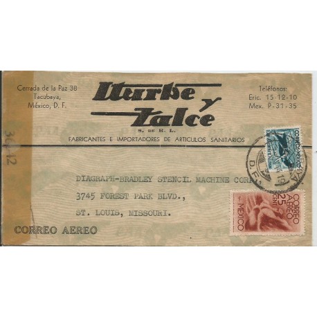 J) 1944 MEXICO, COMMERCIAL LETTER, ITURBE Y ZALCE, CAMPAIN AGAINST MALARIA, SYMBOL OF FLIGHT, OPENED BY EXAMINER