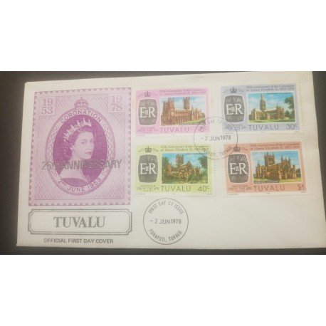 O) 1978 TUVALU, CORONATION OF ELIZABETH II -HERITAGE-ARCHITECTURE-CATHEDRAL- CANTERBURY-WELL-HEREFORD, FDC XF