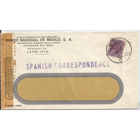 J) 1943 MEXICO, COMMERCIAL LETTER, NATIONAL BANK OF MEXICO, WINDOW EVENLOPE, CROSS OF PALENQUE, SPANISH CORRESPONDENCE