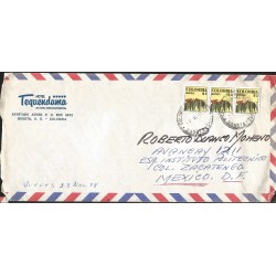 J) 1978 COLOMBIA, COMMERCIAL LETTER, HOTEL TEQUENDAMA, COFFEE, STRIP OF 3, MULTIPLE STAMPS, AIRMAIL