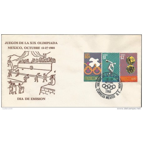 J) 1968 MEXICO, OLYMICS, XIX OLYMPIC GAMES, DOVE, DISK, AEREO MEXICO 68 WYMAN DESIGNS, FDC, UNUSED