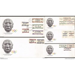 A) 1966 MEXICO, COMMEMMORATING THE XIX OLYMPIAD, HIEROGLYPHICS, FIGTH, JUMP, MULTIPLE STAMPS, SET OF 5, FDC.