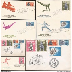 A) 1968 MEXICO, OLYMPIC GAMES EDITION, PREOLIMPICAL SERIES, SPORT, ARCHEOLOGY, CLAY FIGURES, HANDICRAFT, SET OF 7, FDC.