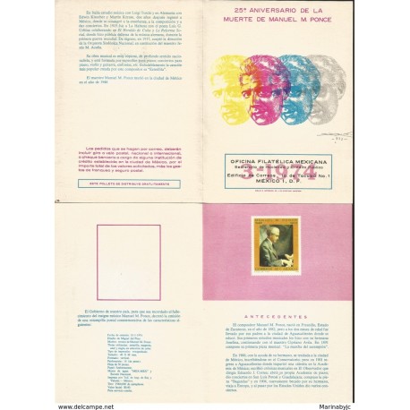 J) 1974 MEXICO, WITHOUT STAMPS, 25 YEARS AFTER THE DEATH OF MANUEL M PONCE, MUSICAL NOTES, FDB