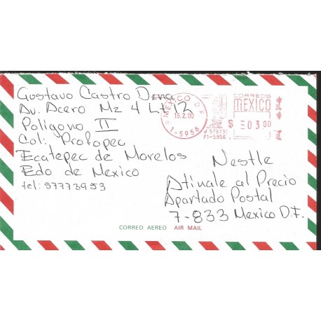 J) 1998 MEXICO, METTER STAMPS, CIRCULATED COVER, NESTLE, INTERIOR MAIL WITHIN TO MEXICO