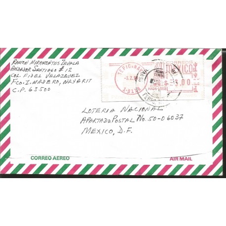 J) 1999 MEXICO, METTER STAMPS, ADHESIVE STICKER, AIRMAIL, CIRCULATED COVER, FROM NAYARIT TO MEXICO 