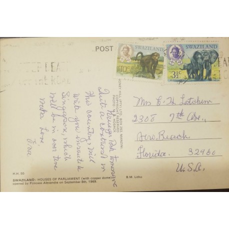 O) 1969 SWAZILAND, KING SOBHUZA II-MONKEY-CHACMA BABOON-OLD WORLD MONKEY, ELEPHANTS, POSTAL CARD HOUSES OF PARLIAMENT, TO USA