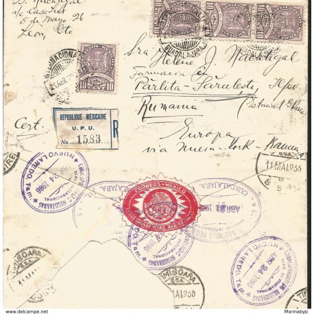 J) 1936 MEXICO, CROSS OF PALENQUE, REGISTERED AND CERTIFICATED, MULTIPLE STAMPS, AIRMAIL, CIRCULATED