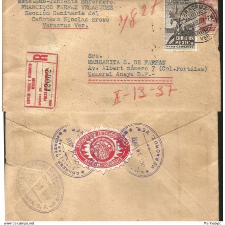 J) 1937 MEXICO, IMMEDIATE DELIVERY, ARCHER, MONUMENT TO THE HEROIC CADETS, MULTIPLE STAMPS, REGISTERED, AIRMAIL
