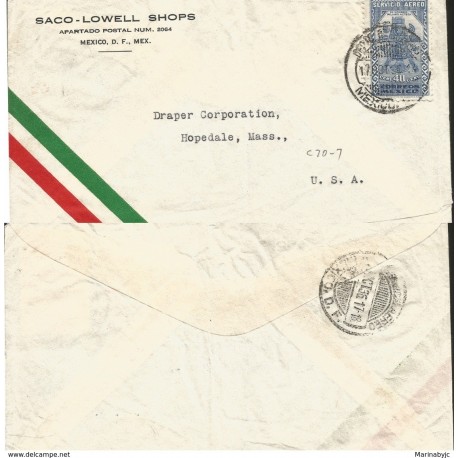 J) 1936 MEXICO, AZTEC BIRD MAN, SACO-LOWEL-SHOP, AIRMAIL, CIRCULATED COVER, FROM MEXICO TO USA 
