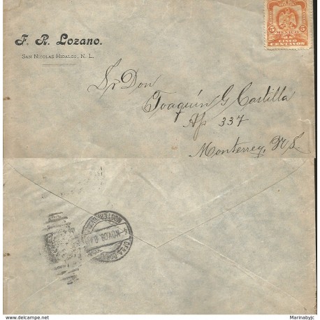 J) 1908 MEXICO, 5 CENS ORANGE, EAGLE, AIRMAIL, CIRCULATED COVER, FROM MEXICO TO MONTERREY 