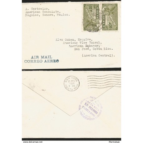 J) 1950 MEXICO, SYMBOLICAL OF FLIGHT PAIR, AIRMAIL, CIRCULATED COVER, FROM SONORA TO COSTA RICA 